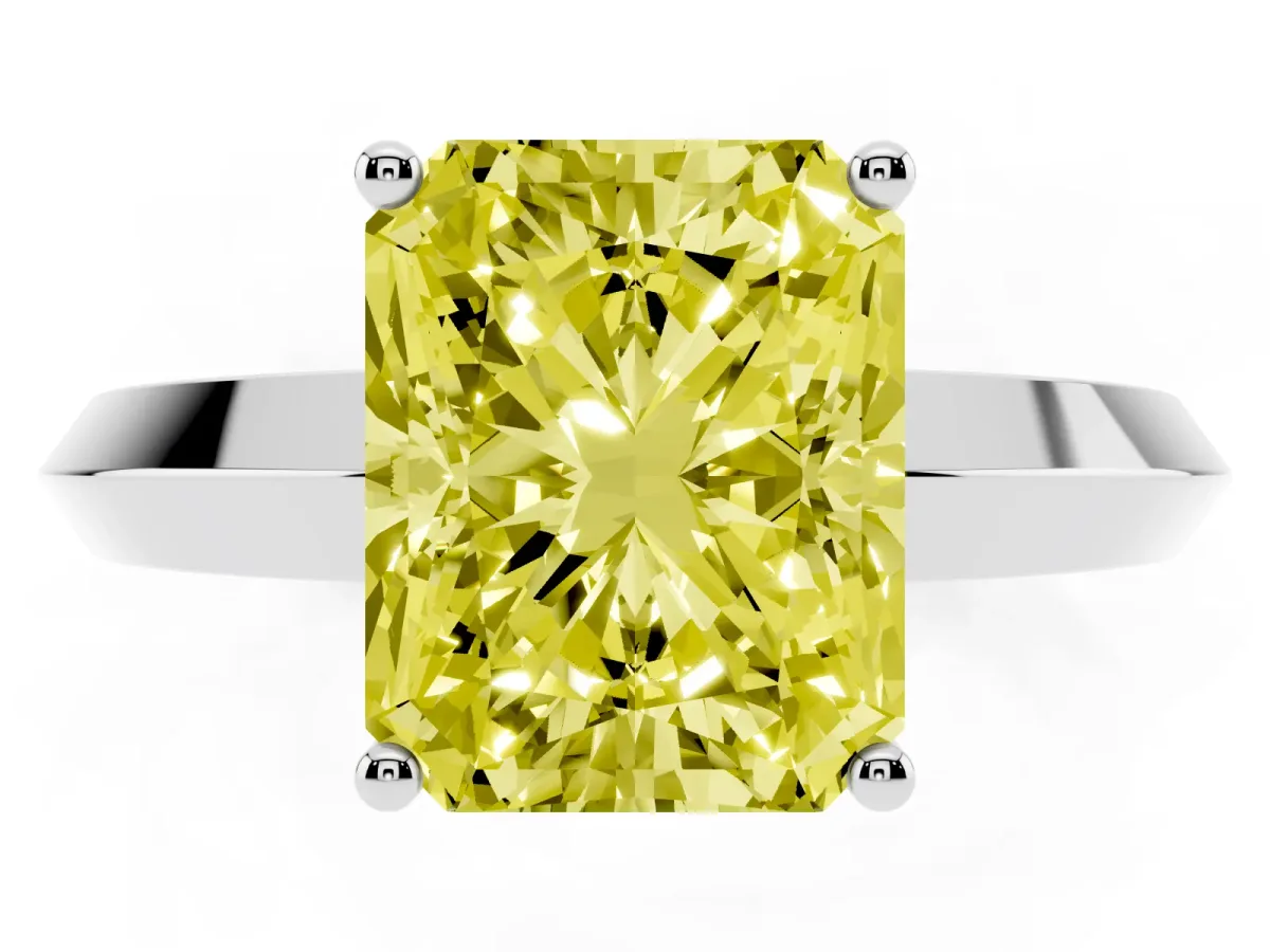 Fancy Yellow Radiant Cut Cut Solitaire Engagement Ring with Flat Band and Four-Prong Setting Platinum