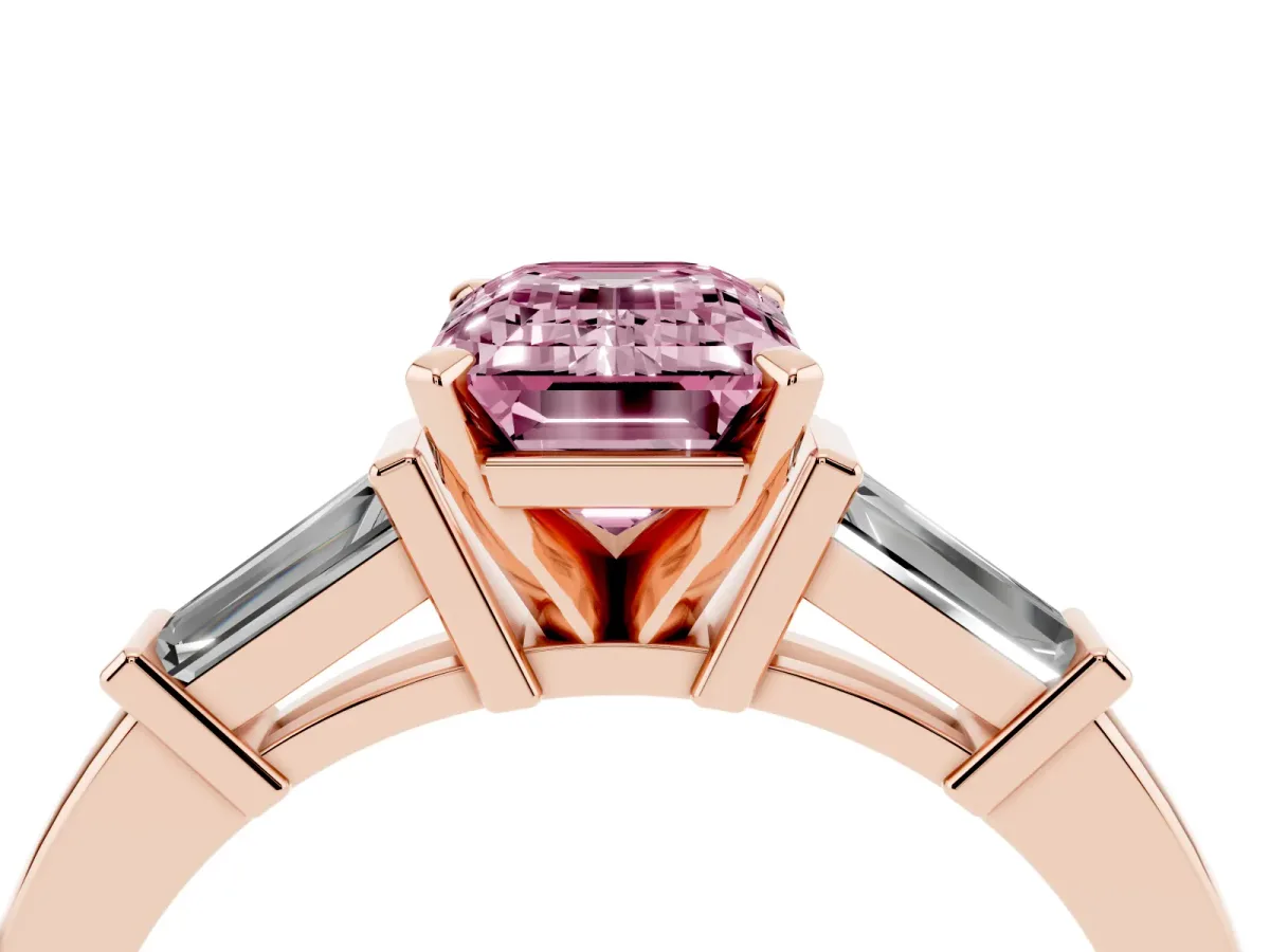 Fancy Pink Emerald Cut Cut Diamond Solitaire Ring with Tapered Baguette Accents and Four-Prong Setting Rose gold