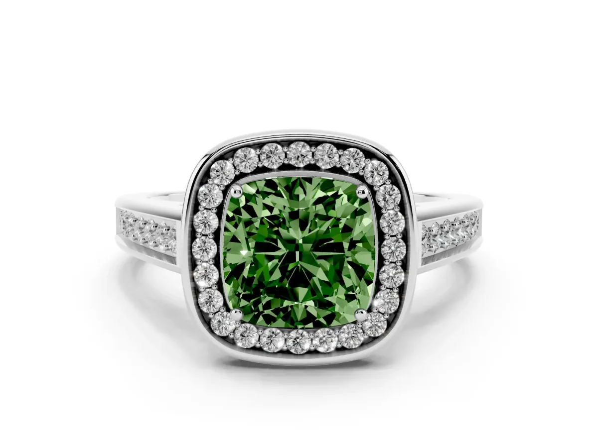Fancy Green Cushion Cut Halo Solitaire Diamond Ring with Pave Band and Bezel Setting Platinum