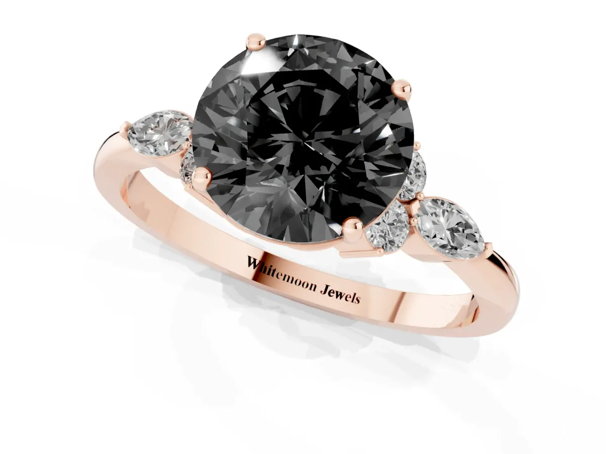 Fancy Black Round Cut Brilliant Diamond Solitaire Ring with Pear Side Stones and Four-Prong Setting Rose gold