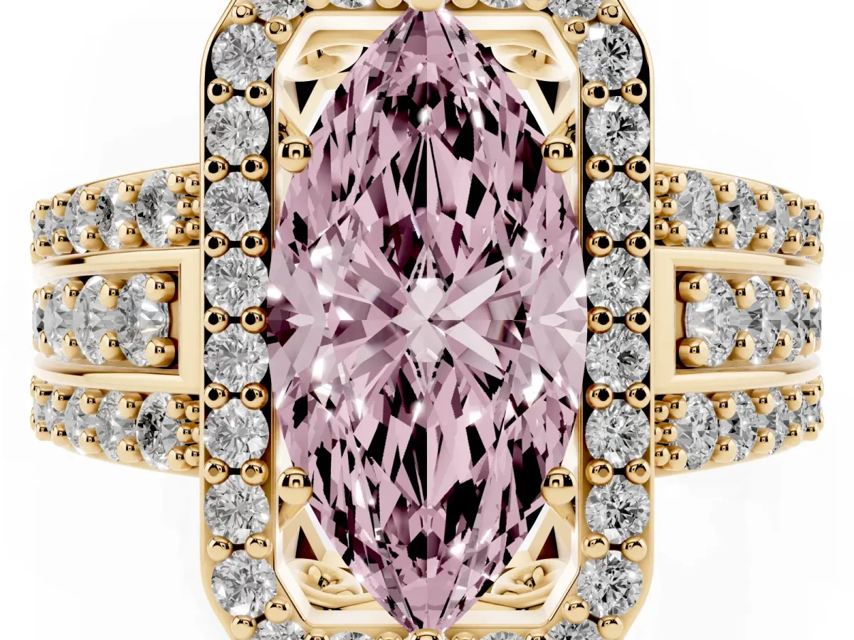 Fancy Pink Marquise Cut Halo Diamond Ring with Round Split Shank and Prong Setting Yellow gold