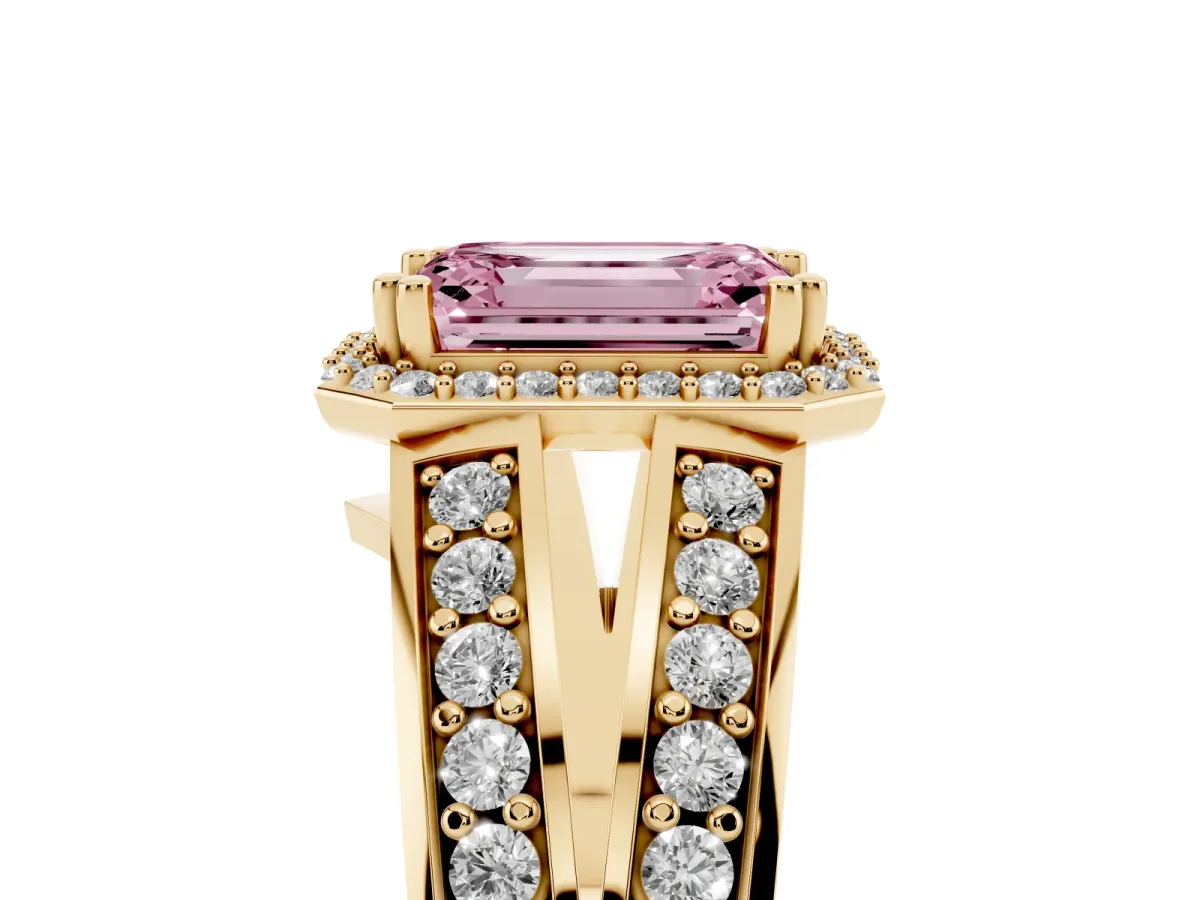 Fancy Pink Emerald Cut Diamond Halo Ring with Split Shank Pavé Band and Four-Prong Setting Yellow gold
