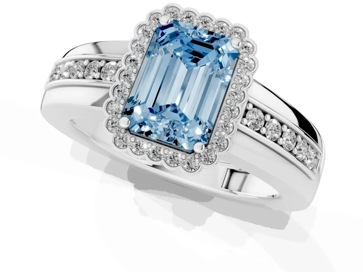 Fancy Blue Emerald Cut Cut Halo Pave Band Four-Prong Ring Silver