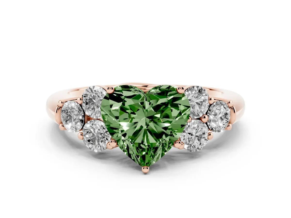 Fancy Green Heart Cut Cut Diamond Cluster Ring with Round Accent Stones and Prong Setting on a Classic Band Rose gold