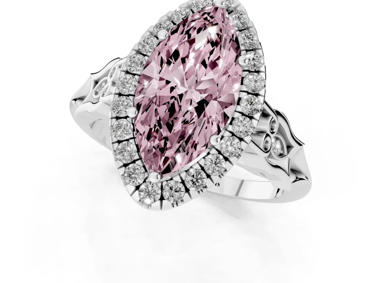 Fancy Pink Marquise Cut Halo Diamond Engagement Ring with Filigree Band and Four-Prong Setting Silver