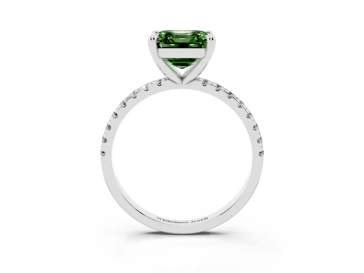 Fancy Green Asscher Cut Diamond Brilliant Solitaire Ring with Pavé Band and Four-Prong Setting White gold