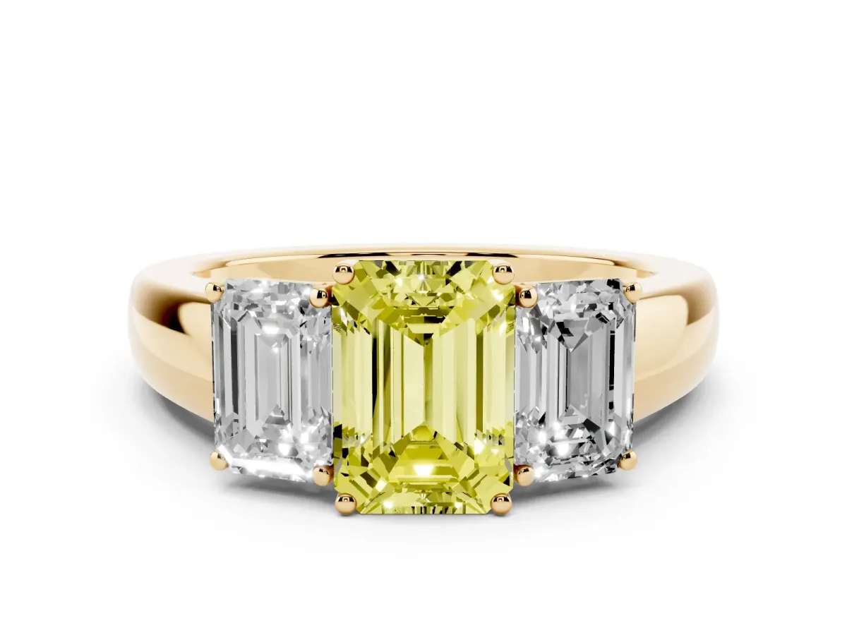 Fancy Yellow Three-Stone Emerald Cut Cut Diamond Ring with Prong Setting and Classic Band Yellow gold