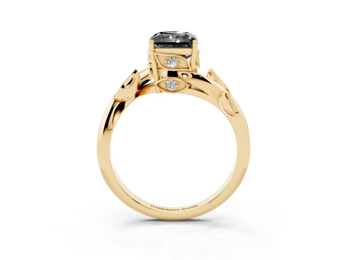 Fancy Black Radiant Cut Solitaire Twist Engagement Ring with Leaf Accents and Prong Setting Yellow gold