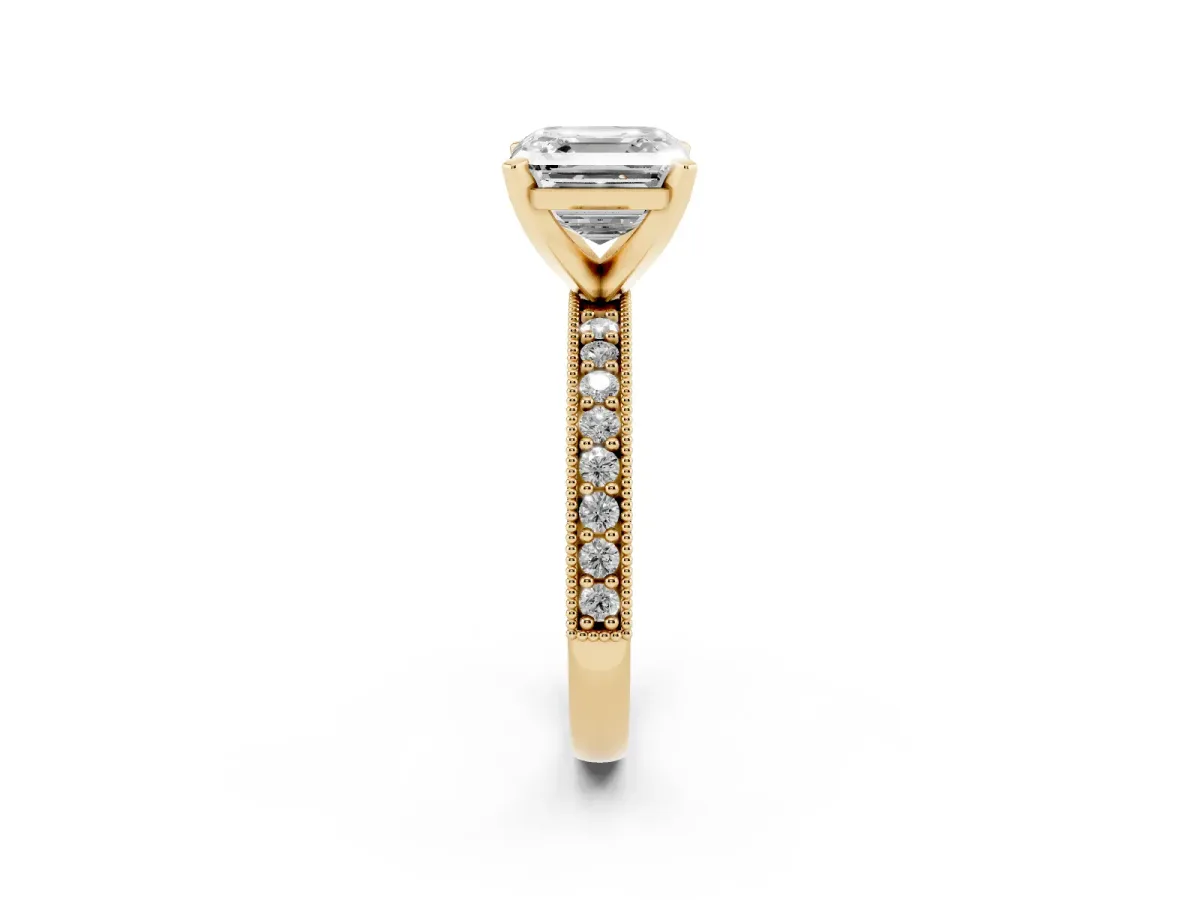 Asscher Cut Diamond Milgrain Pavé Engagement Ring with Four-Prong Setting Yellow gold