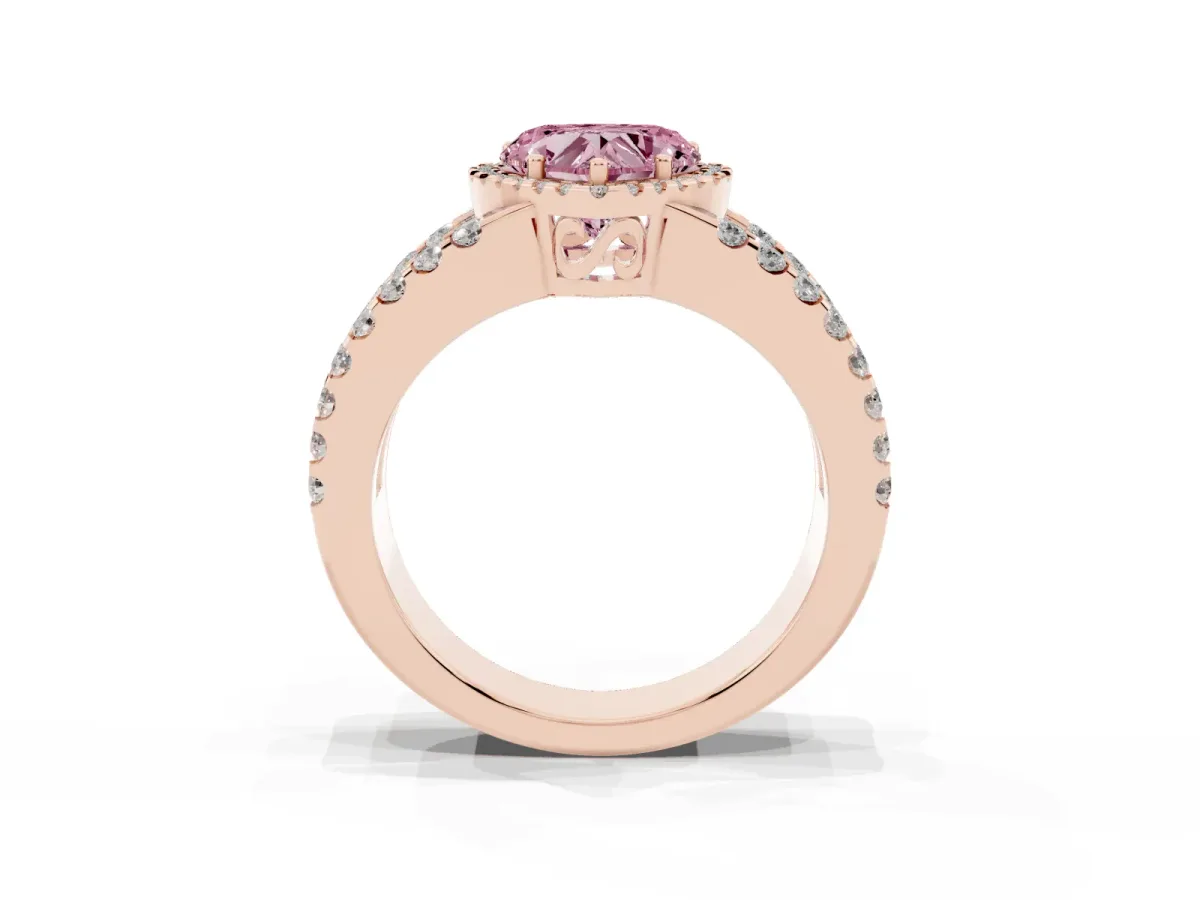 Fancy Pink Heart Cut Cut Halo Split Shank Diamond Ring with Four-Prong Setting Rose gold