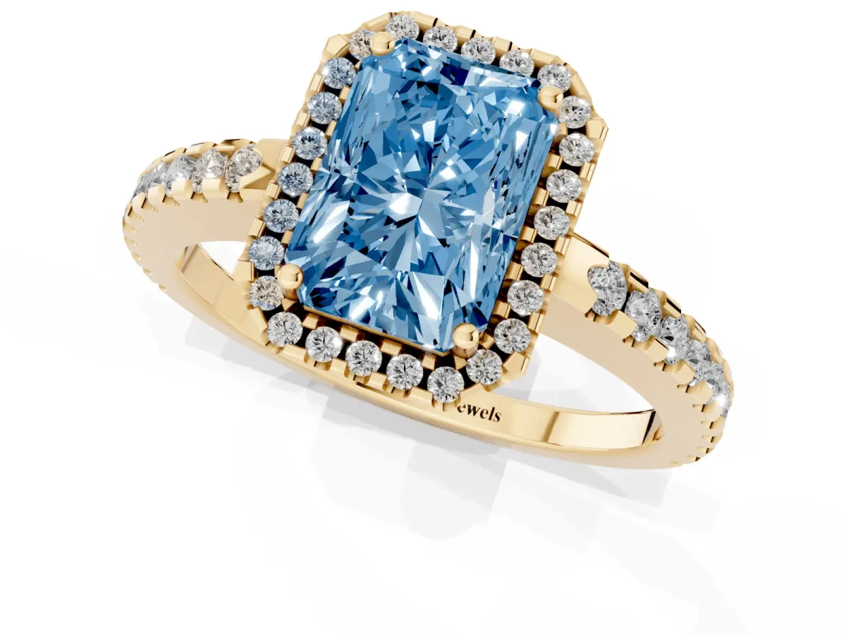Fancy Blue Radiant Cut Diamond Halo Engagement Ring with Pavé Band and Prong Setting Yellow gold