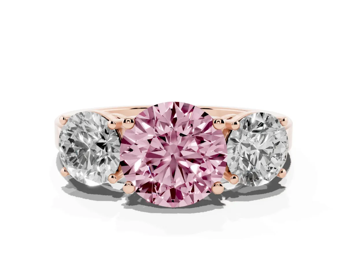 Fancy Pink Three-Stone Round Cut Cut Diamond Engagement Ring with Flat Band and Four-Prong Setting Rose gold