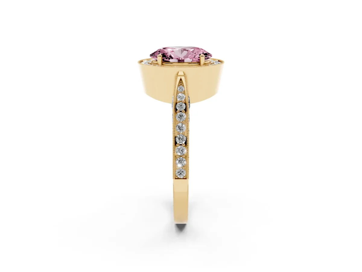 Fancy Pink Oval Cut Halo Diamond Engagement Ring with Split Shank Band and Four-Prong Setting Yellow gold