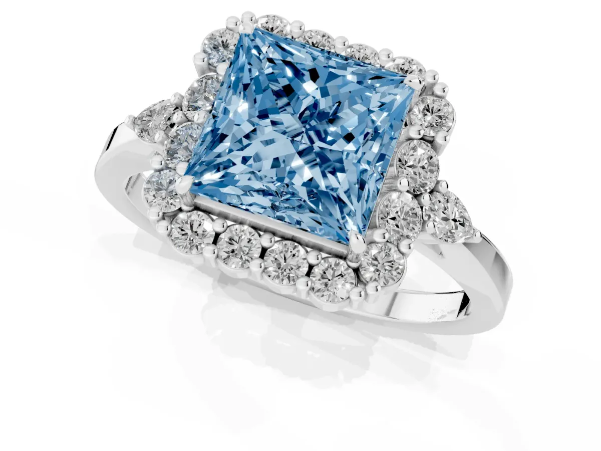 Fancy Blue Princess Cut Diamond Halo Ring with Pear Side Stones and Prong Setting Silver