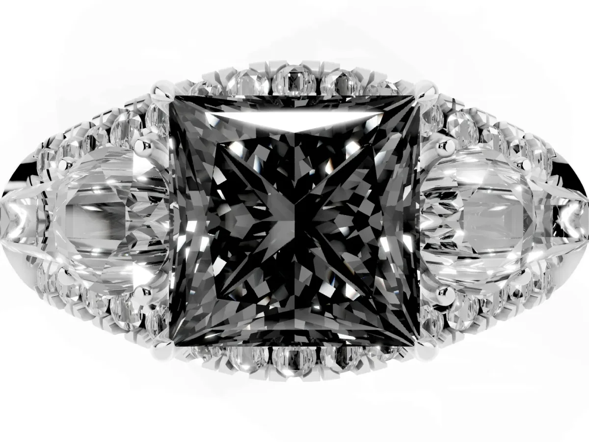 Fancy Black Three-Stone Princess Cut Diamond Engagement Ring with Pave Band and Prong Setting Silver