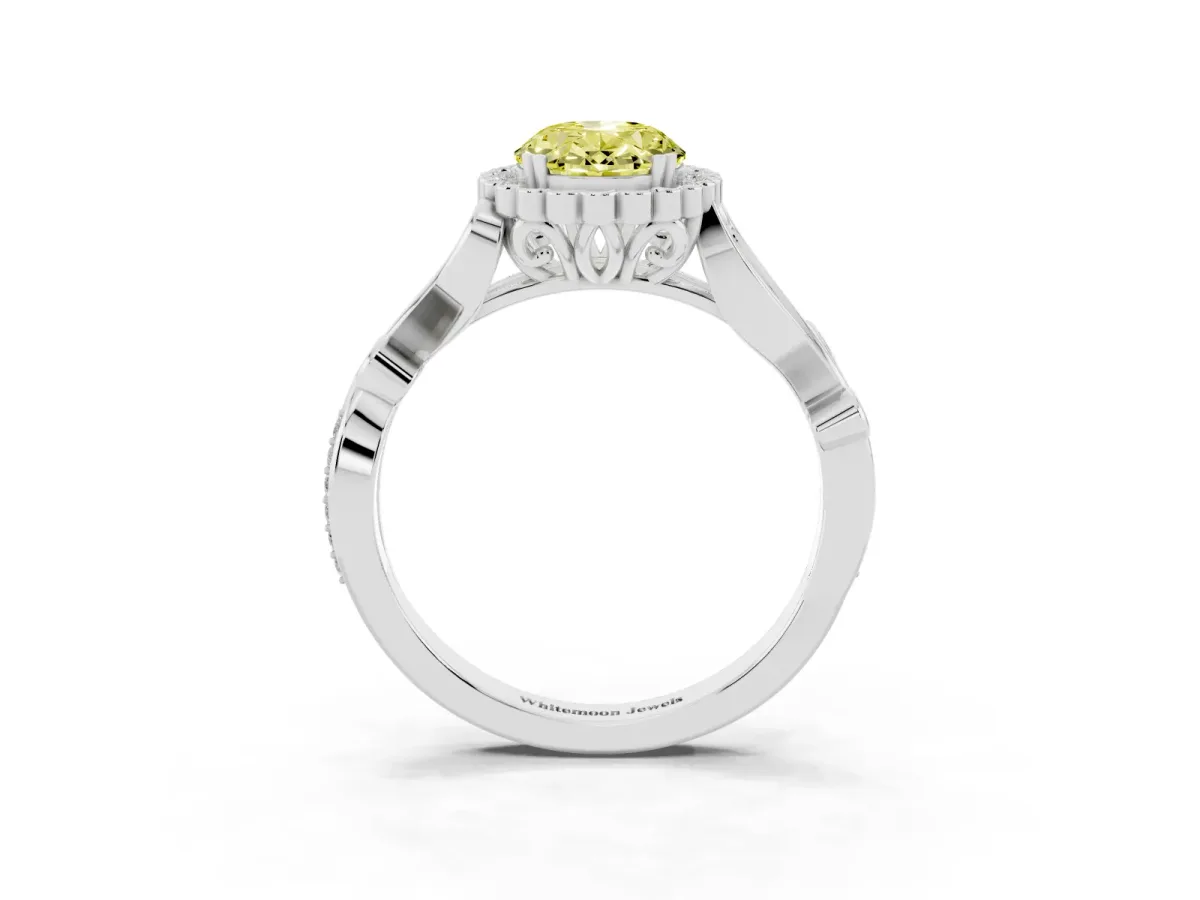 Fancy Yellow Oval Cut Diamond Halo Ring with Vintage Split Shank and Four-Prong Setting Silver
