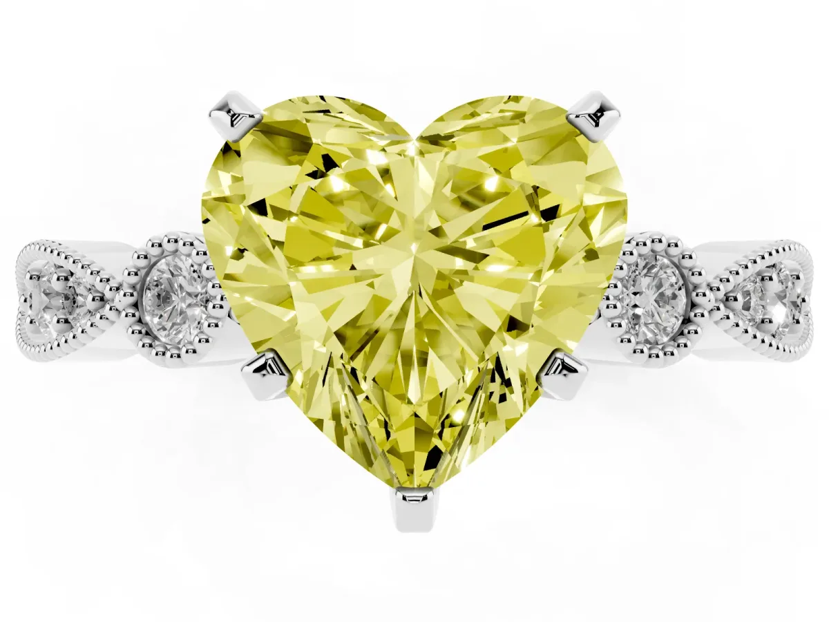 Fancy Yellow Heart Cut Milgrain Bezel Diamond Engagement Ring with Solitaire Prong Setting Silver