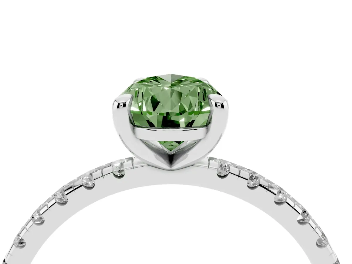 Fancy Green Pear Cut Diamond Brilliant Solitaire Ring with Pavé Band and Four-Prong Setting White gold