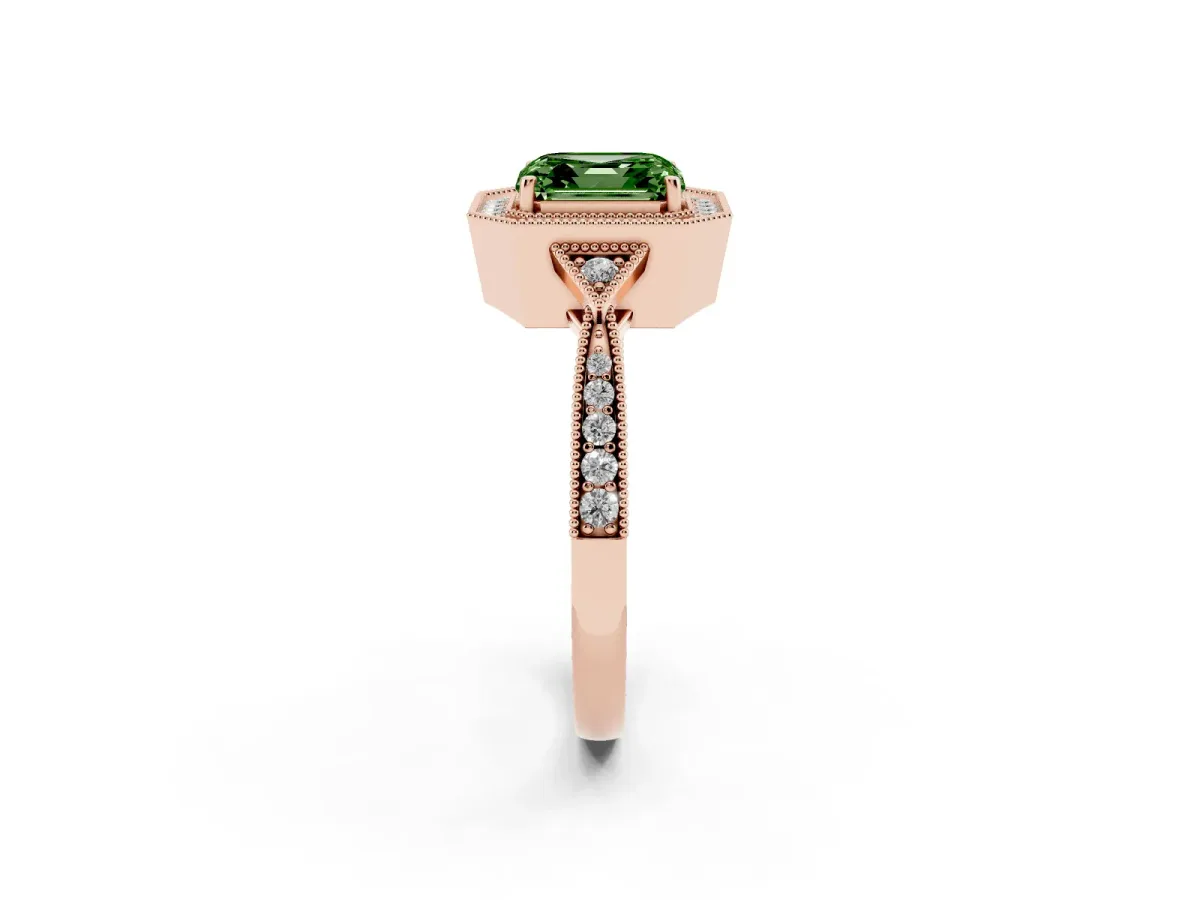 Fancy Green Asscher Cut Halo Round Diamond Milgrain Pave Engagement Ring Rose gold