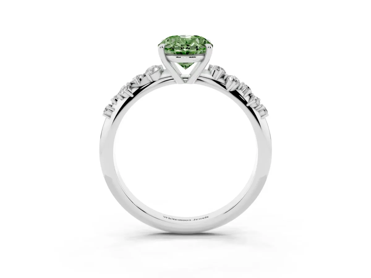 Fancy Green Oval Cut Diamond Cluster Side Stone Solitaire Ring with Prong Setting White gold