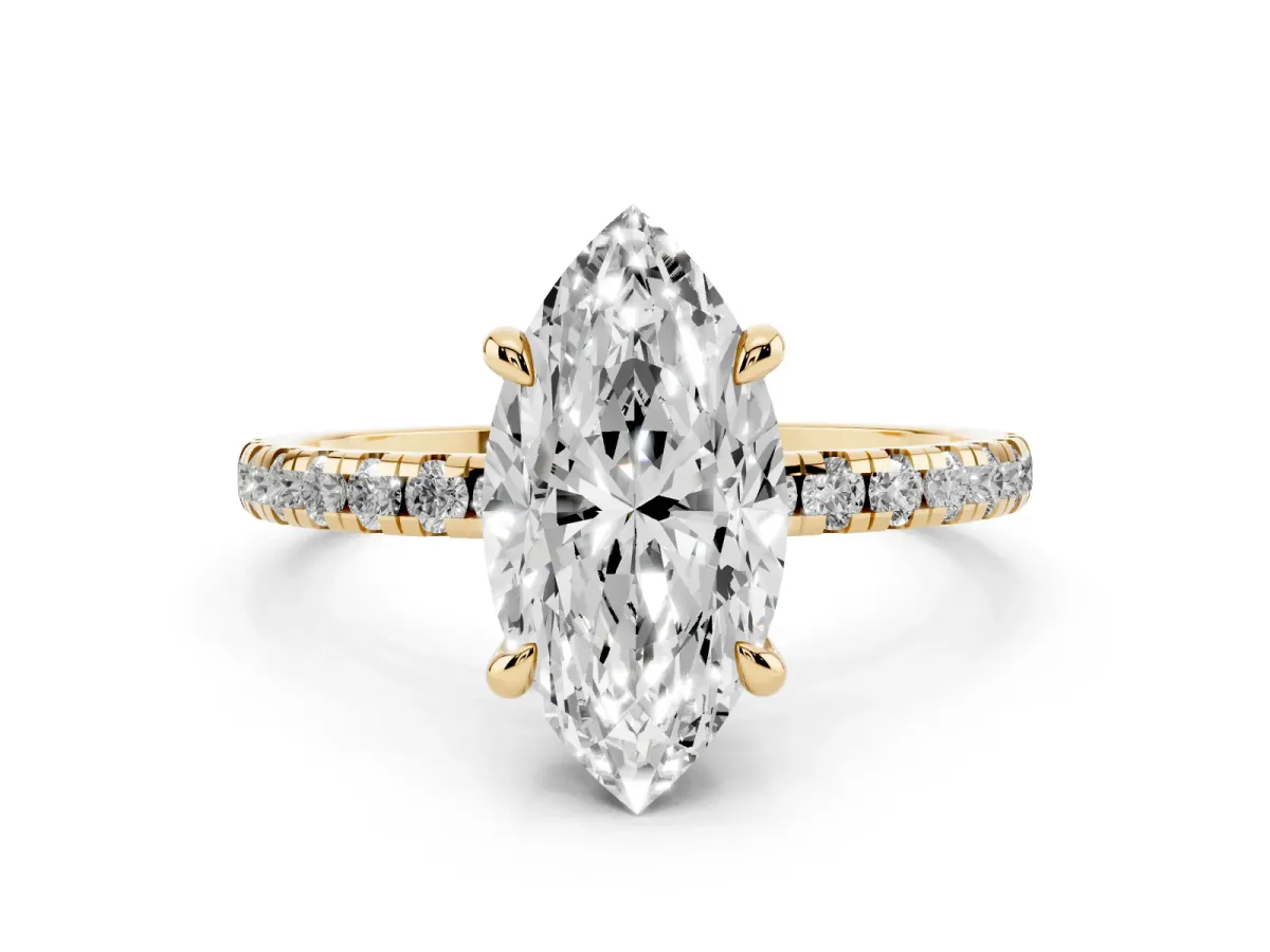 Marquise Cut Diamond Brilliant Solitaire Ring with Pavé Band and Four-Prong Setting Yellow gold