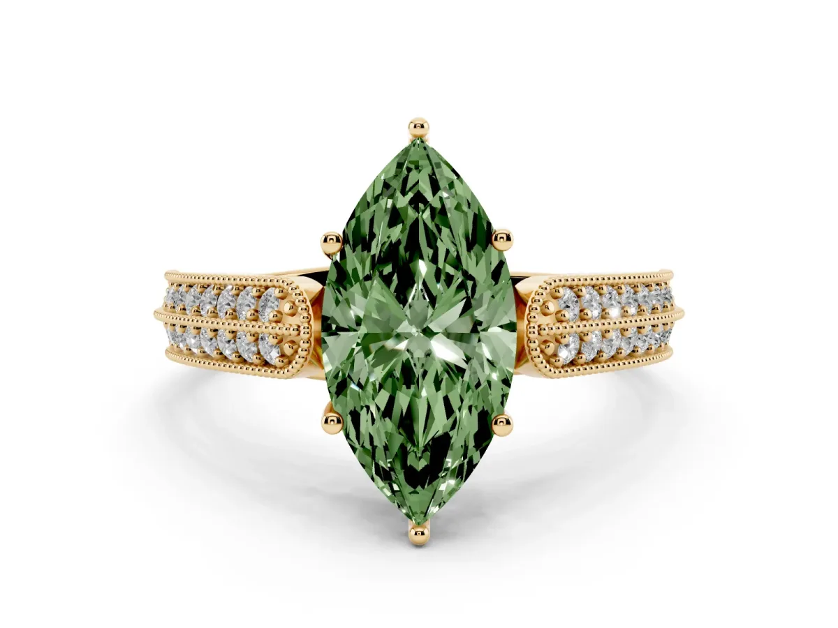 Fancy Green Marquise Cut Cut Pave Split Shank Engagement Ring with Four-Prong Setting Yellow gold