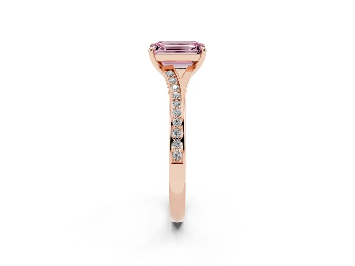 Fancy Pink Emerald Cut Diamond Solitaire Ring with Pavé Band and Prong Setting Rose gold