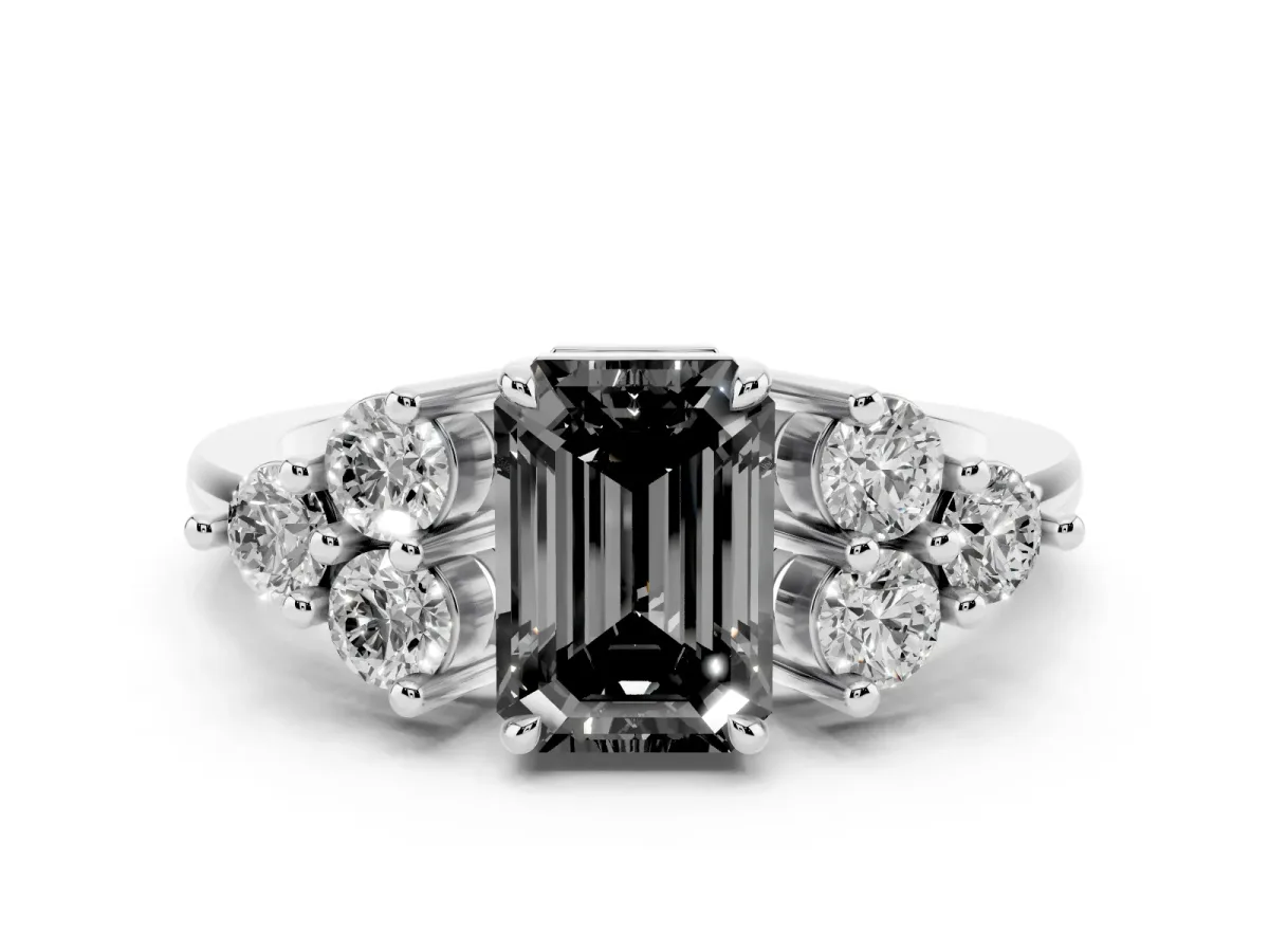 Fancy Black Emerald Cut Brilliant Diamond Cluster Accent Solitaire Ring with Prong Setting Platinum
