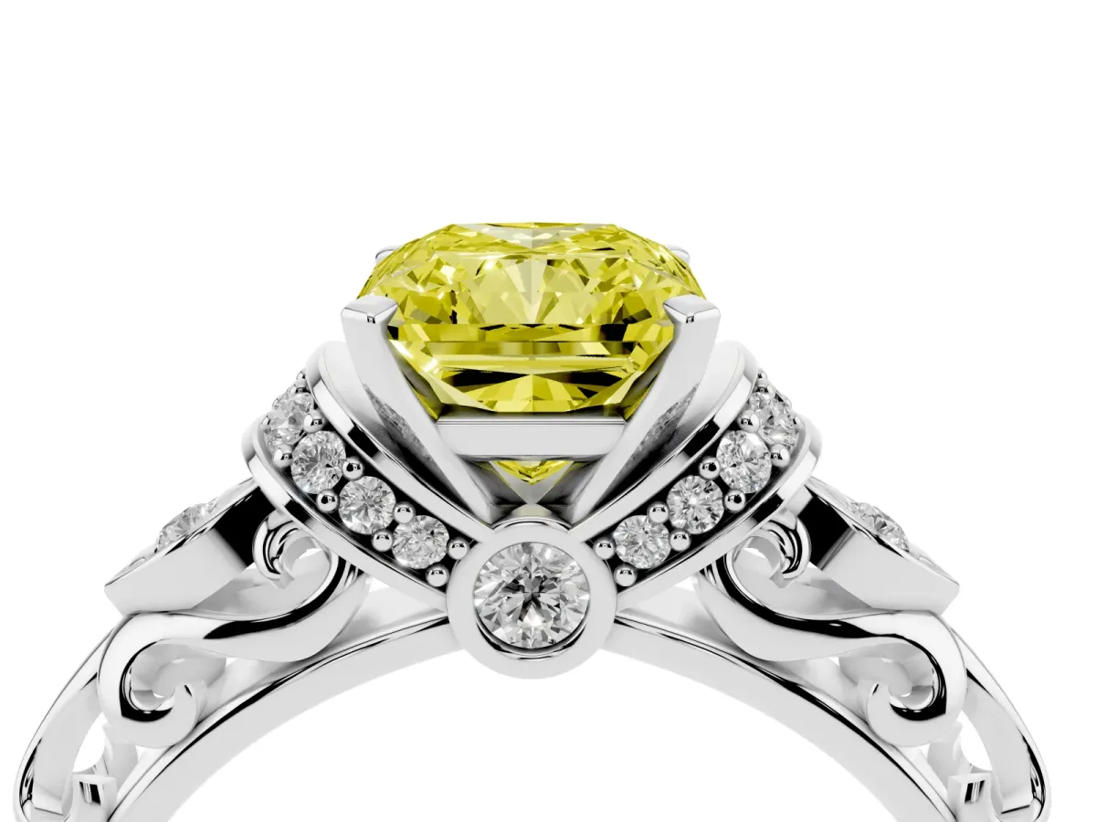 Fancy Yellow Radiant Cut Diamond Solitaire Ring with Filigree Band and Four-Prong Setting Silver