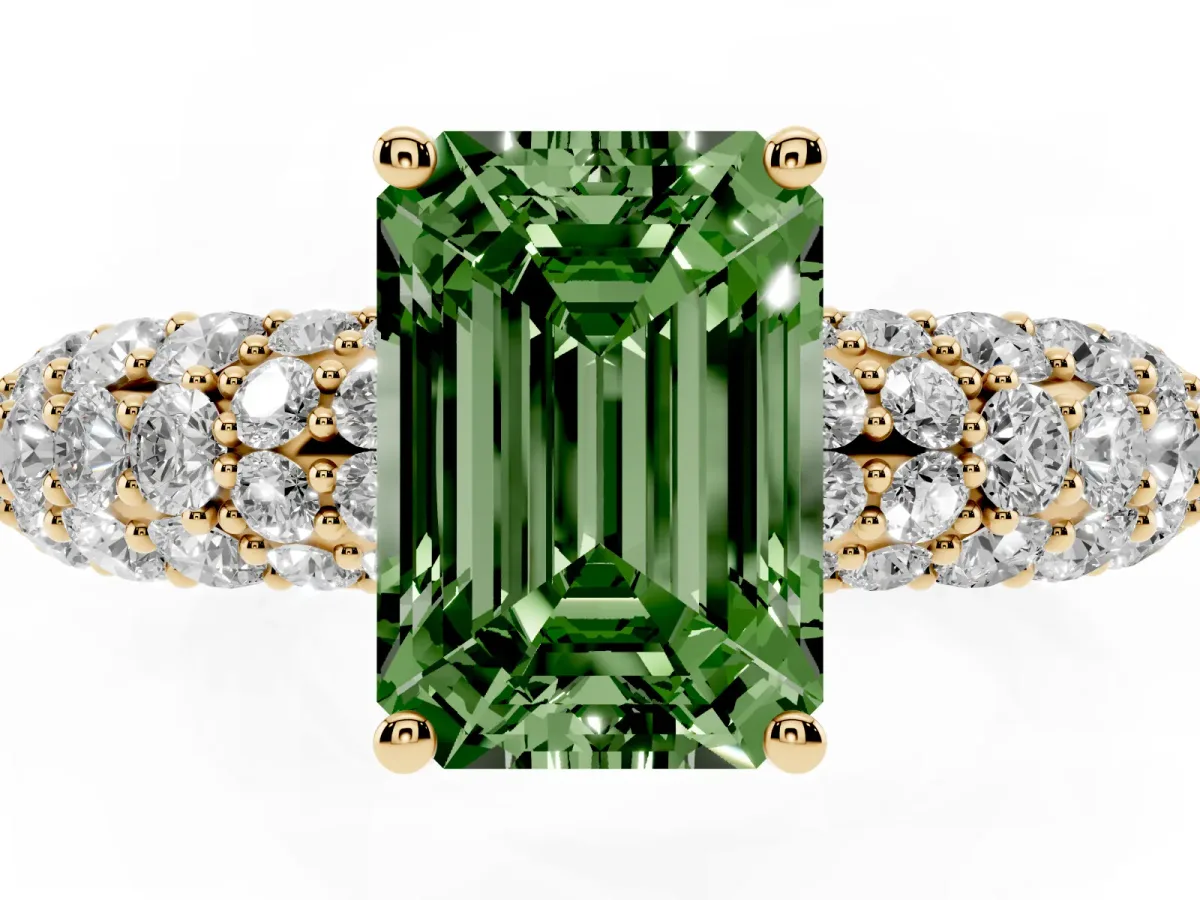 Fancy Green Emerald Cut Diamond Pavé Band Solitaire Ring with Four-Prong Setting Yellow gold