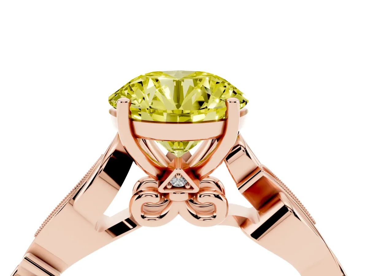Fancy Yellow Round Cut Solitaire Vine Band with Milgrain Prong Setting Rose gold