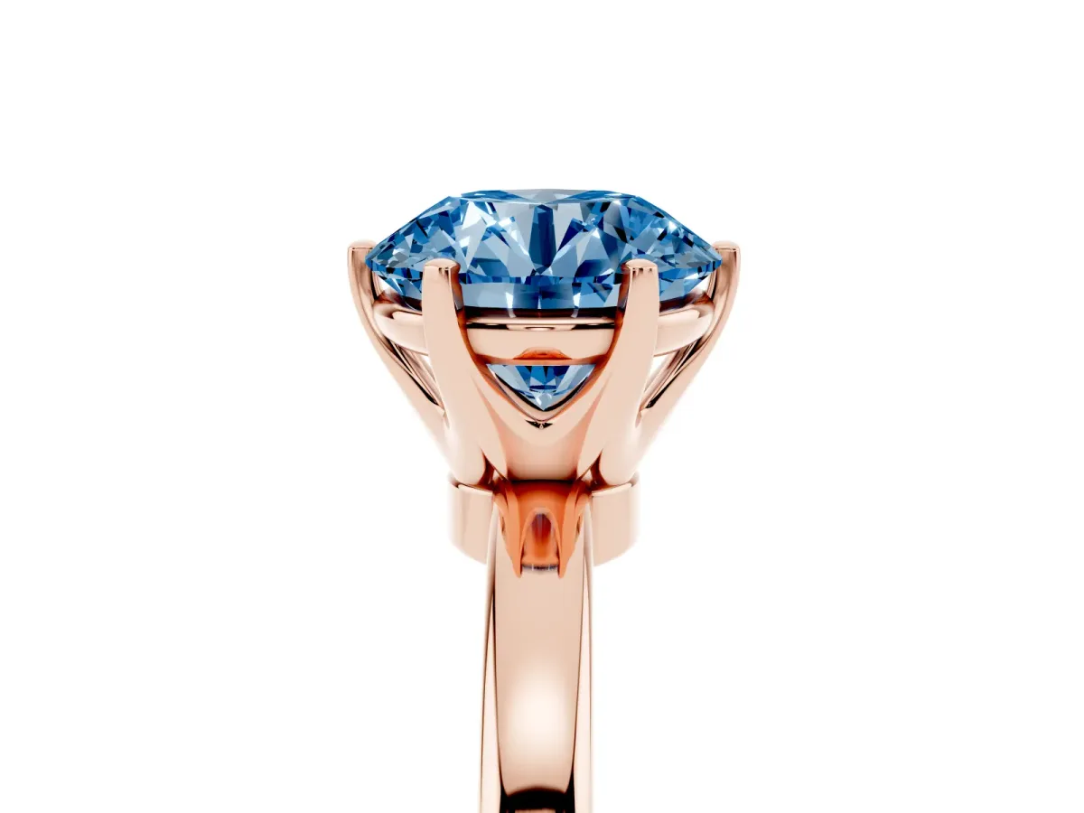 Fancy Blue Round Cut Solitaire Diamond Ring with Six-Prong Setting on a Classic Band Rose gold