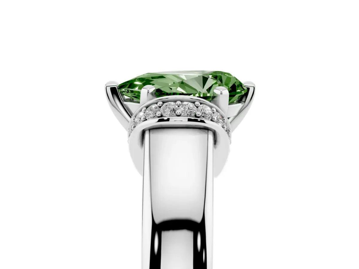 Fancy Green Pear Cut Solitaire Diamond Ring with Pave Band and Six-Prong Setting Silver