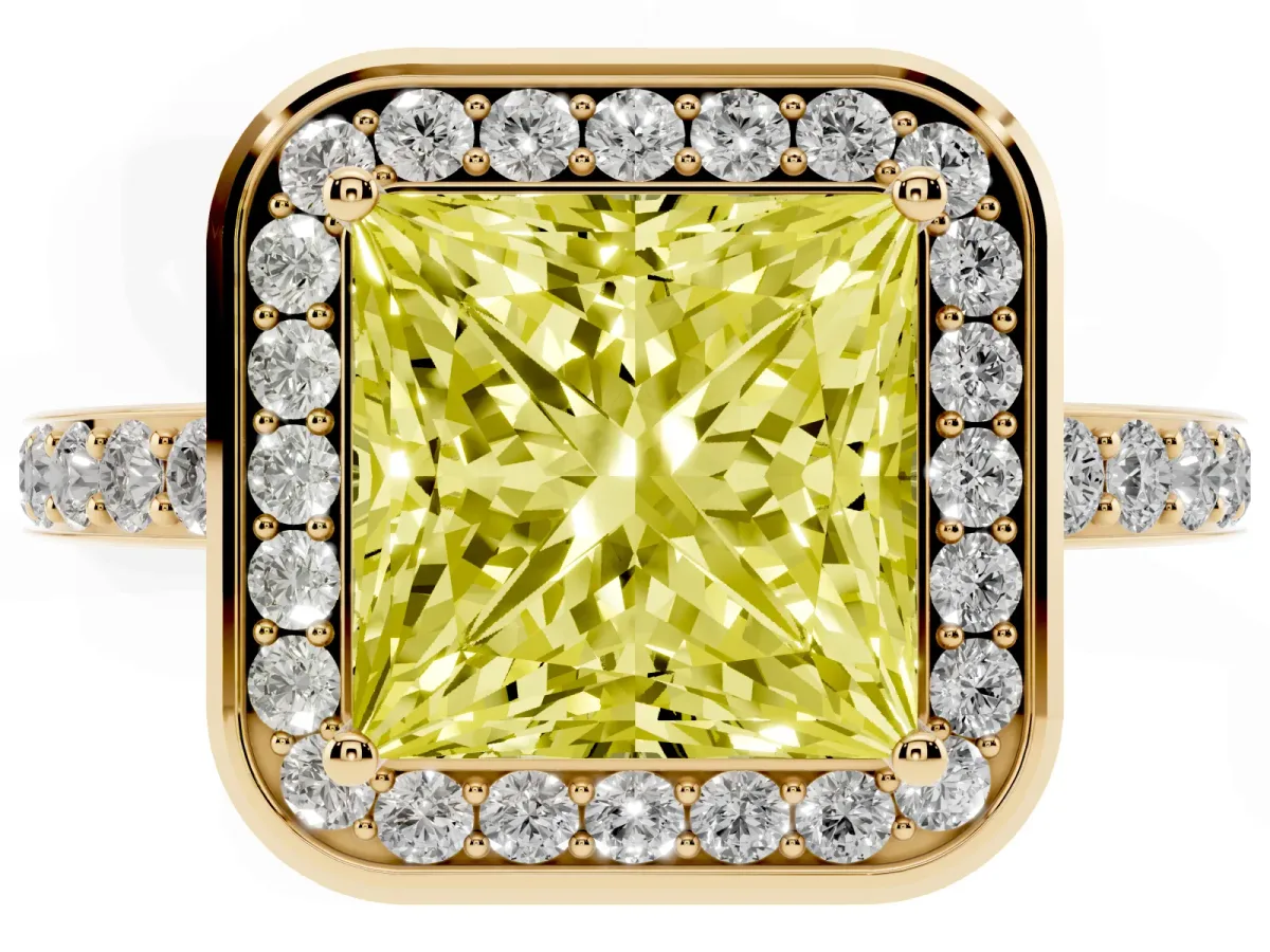 Fancy Yellow Princess Cut Diamond Halo Ring with Bezel Frame and Pavé Band Yellow gold