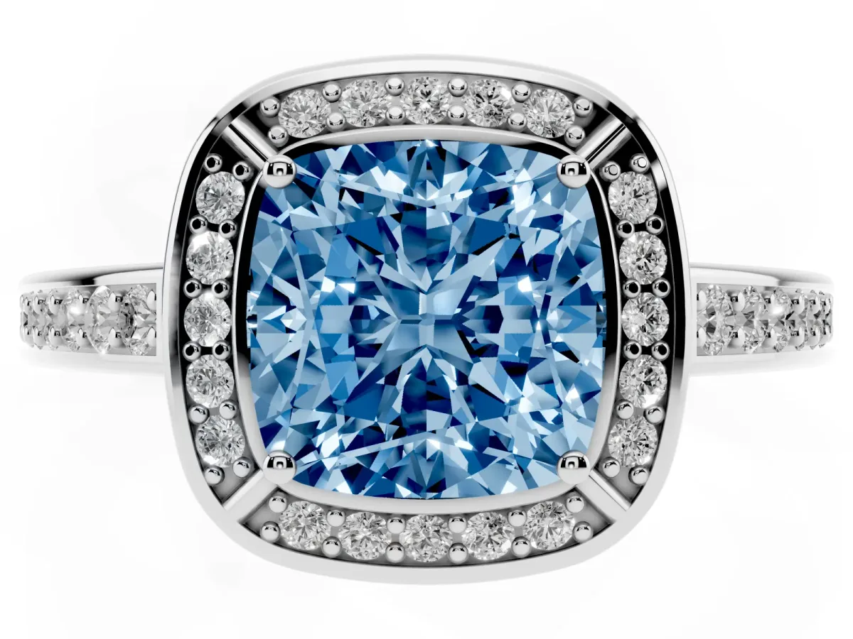 Fancy Blue Cushion Cut Cut Halo Pave Split Shank Prong Setting Ring Platinum