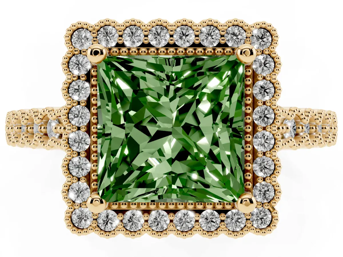 Fancy Green Princess Cut Cut Halo Pavé Solitaire Ring with Milgrain Band Yellow gold