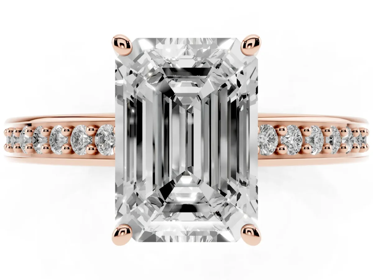 Emerald Cut Solitaire Pavé Band Prong Setting Ring Rose gold