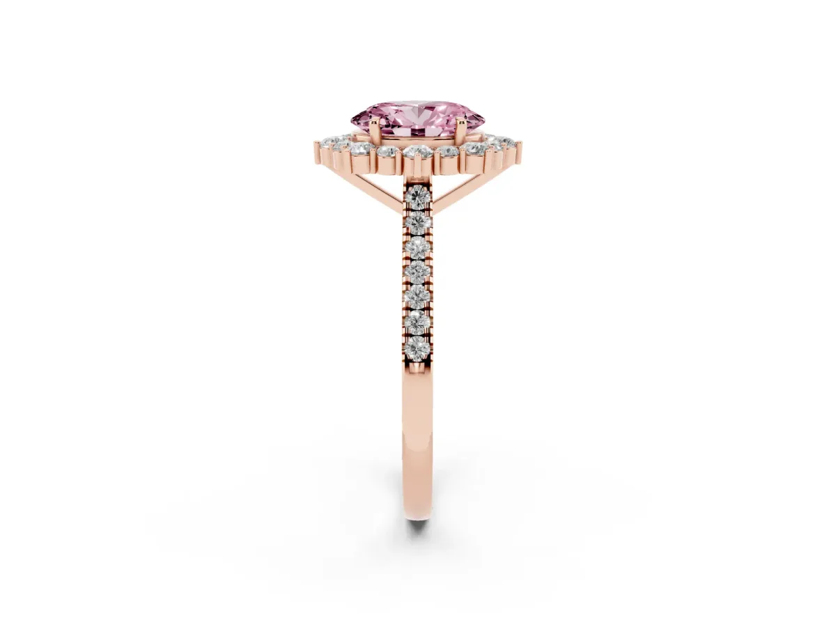 Fancy Pink Oval Cut Halo Diamond Ring with Pavé Band and Prong Setting Rose gold