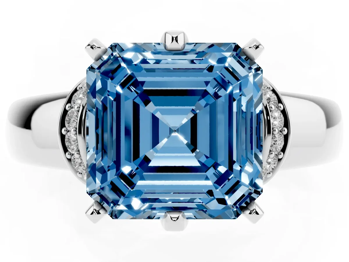 Fancy Blue Asscher Cut Solitaire Diamond Ring with Pave Band and Six-Prong Setting Silver