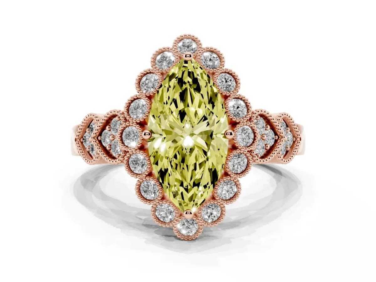Fancy Yellow Marquise Cut Brilliant Milgrain Pave Heart Band Solitaire Ring Rose gold