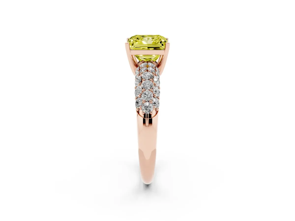 Fancy Yellow Princess Cut Diamond Pavé Band Solitaire Ring with Four-Prong Setting Rose gold