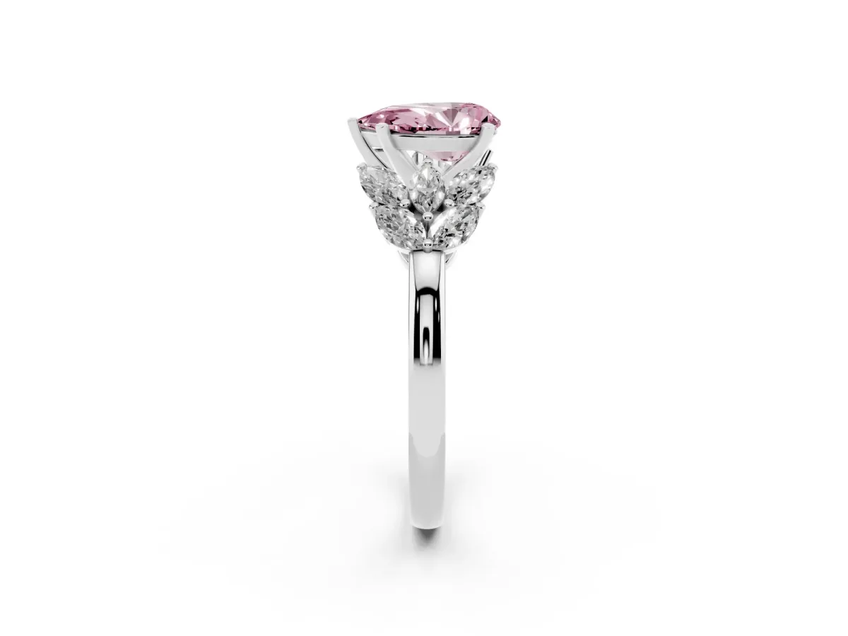Fancy Pink Pear Cut Diamond Cluster Leaf Design Ring with Prong Setting Silver
