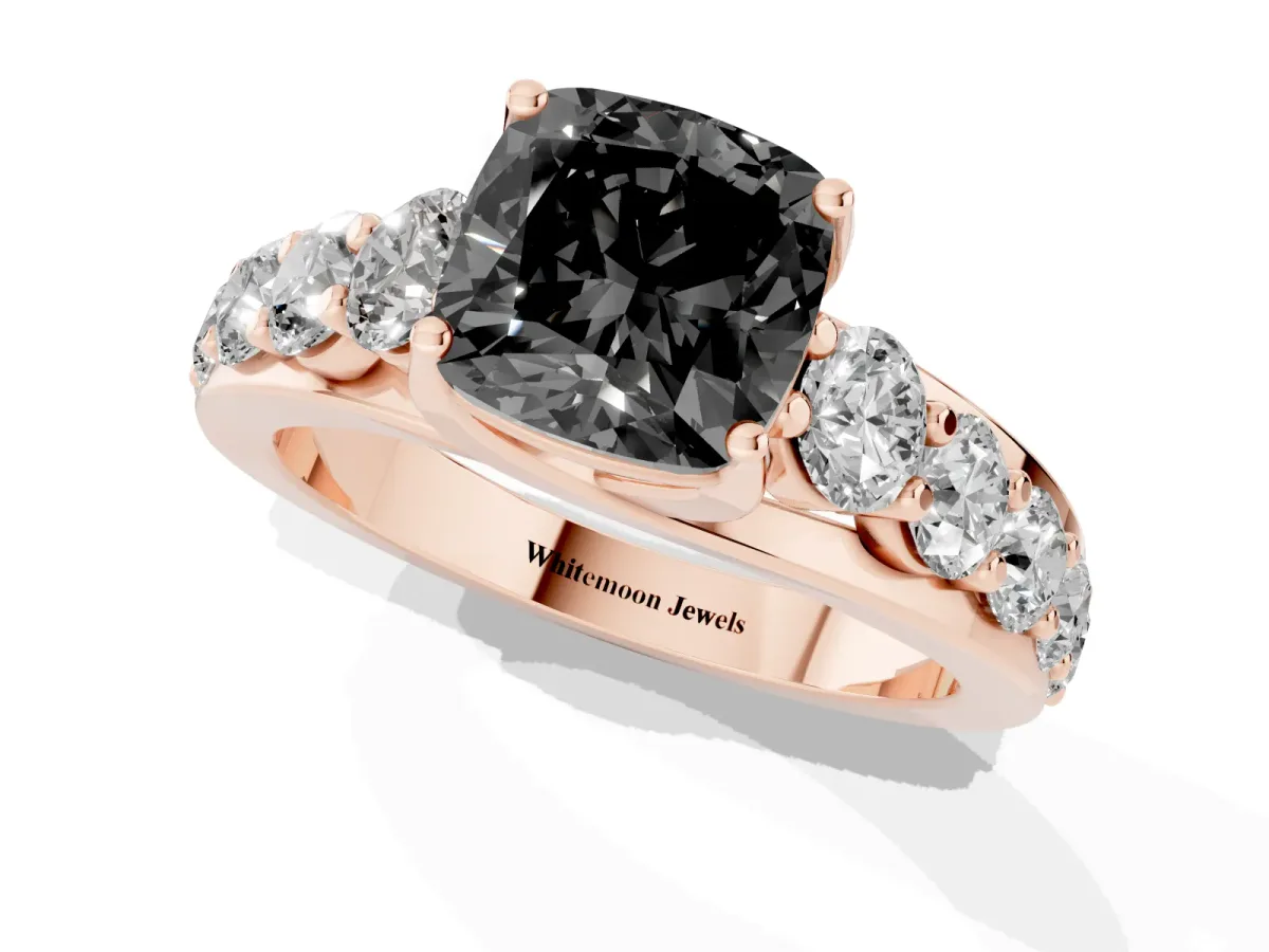 Fancy Black Cushion Cut Diamond Engagement Ring with Pavé Band and Four-Prong Setting Rose gold