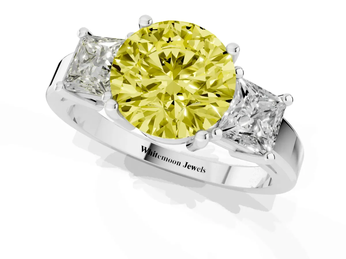 Fancy Yellow Three-Stone Round Cut Cut Solitaire Ring with Prong Setting Platinum