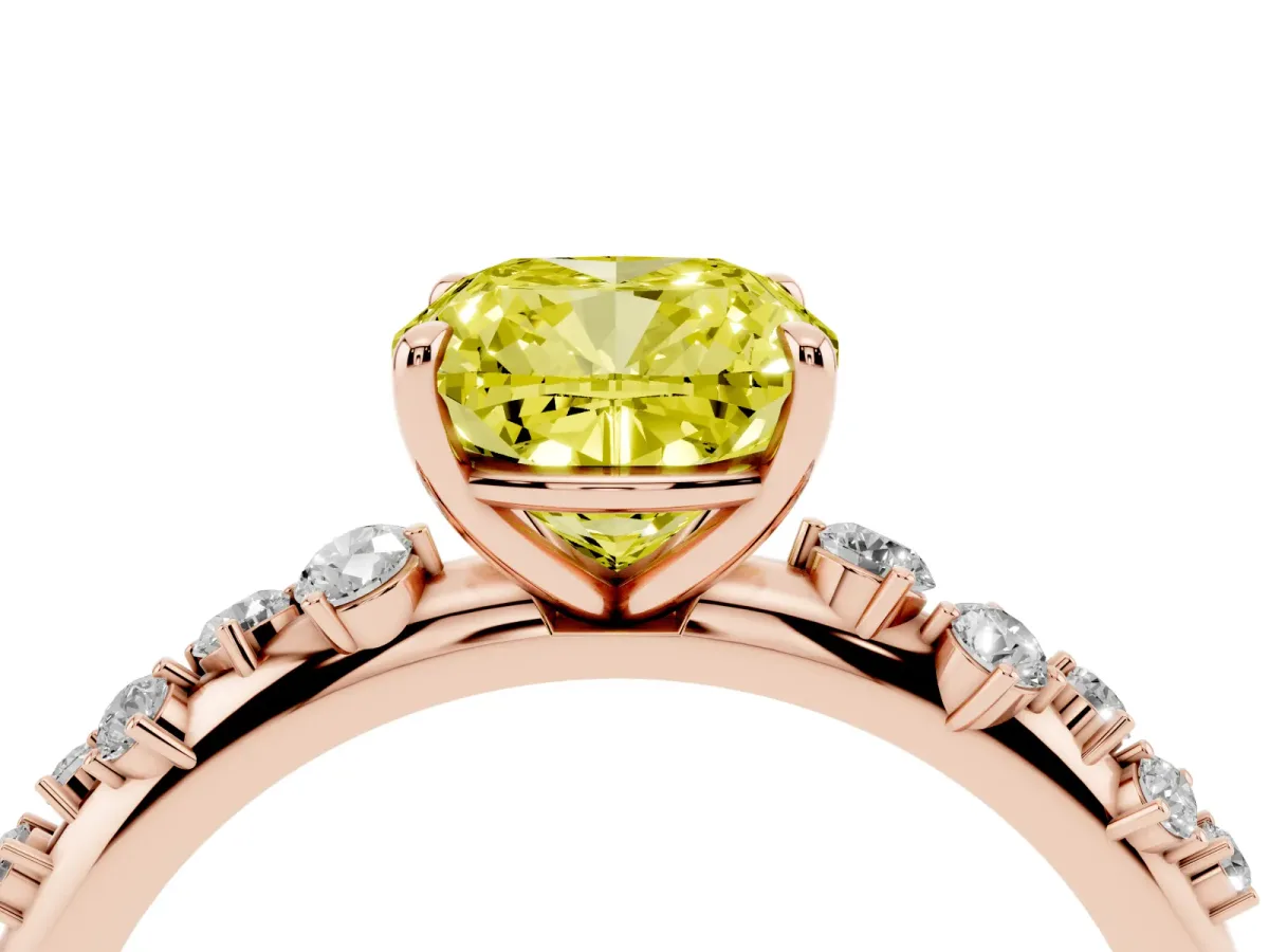 Fancy Yellow Cushion Cut Diamond Cluster Prong-Set Solitaire Ring Rose gold