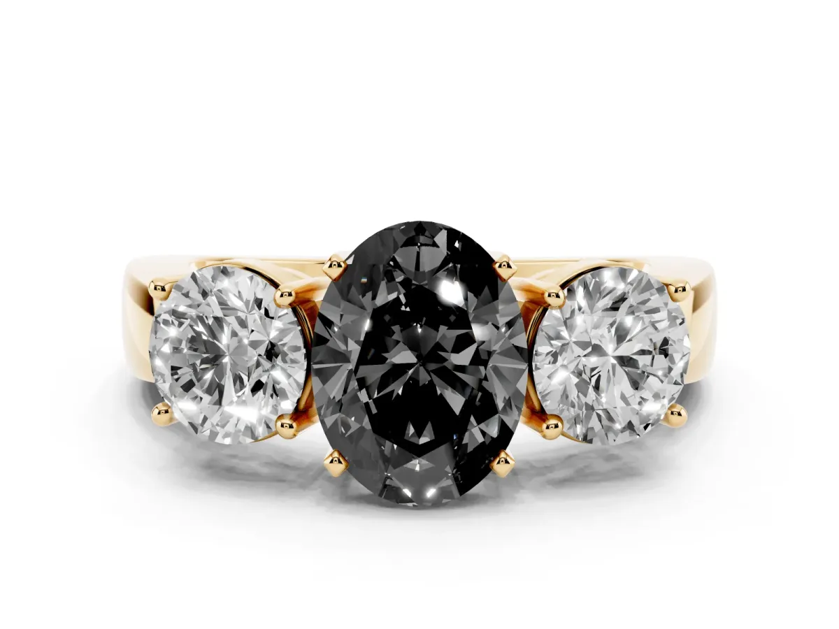 Fancy Black Three-Stone Oval Cut Diamond Ring with Round Side Stones, Classic Band, and Four-Prong Setting Yellow gold