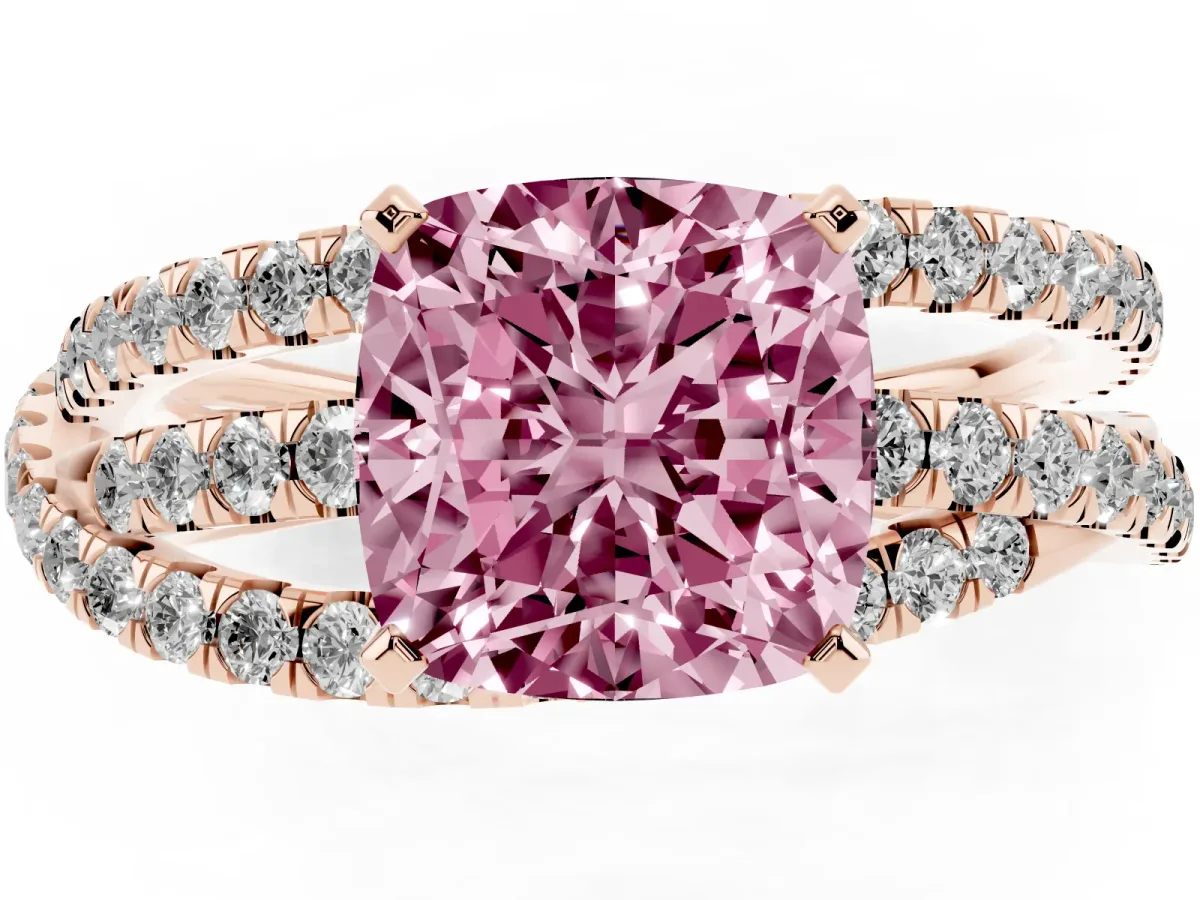 Fancy Pink Cushion Cut Solitaire Twist Band with Pavé Setting and Four-Prong Setting Rose gold