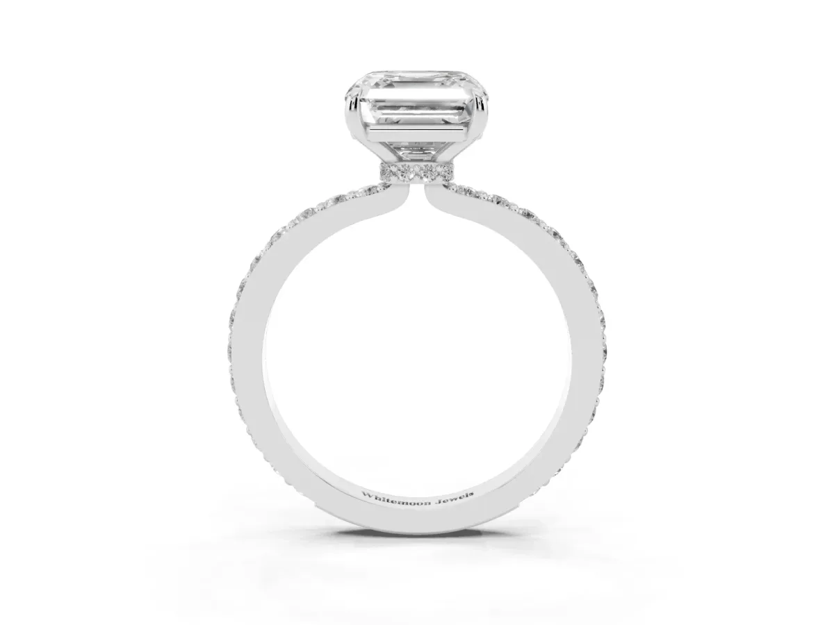 Asscher Cut Diamond Pavé Engagement Ring with Round Accents and Prong Setting Silver