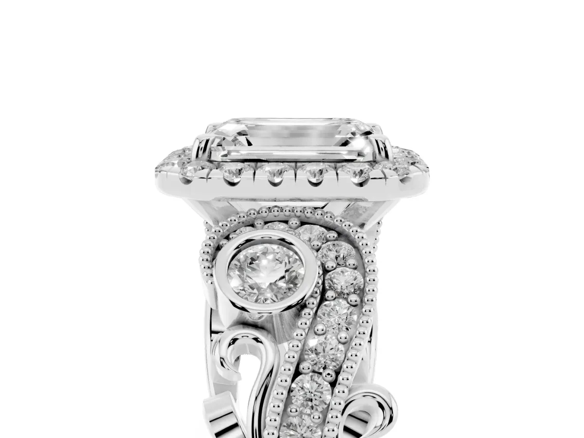 Emerald Cut Halo Diamond Ring with Milgrain and Bezel Accents on a Split Shank Band Silver