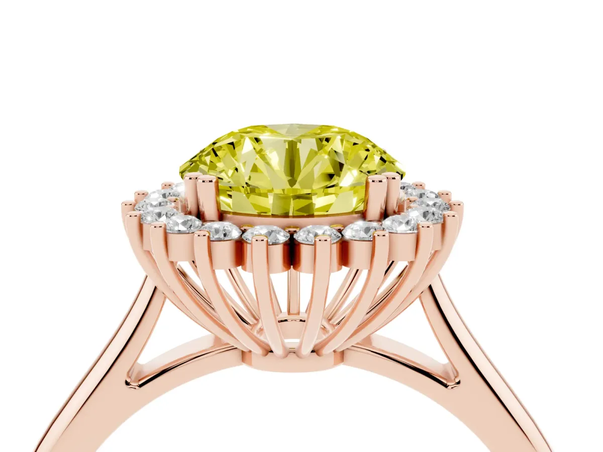 Fancy Yellow Round Cut Cut Diamond Halo Ring with Solitaire Band and Prong Setting Rose gold